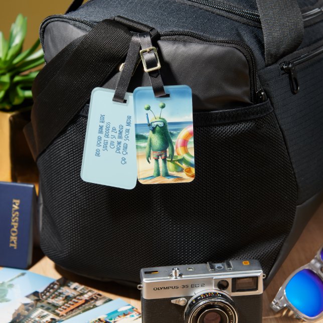 Green Fuzzy Alien  Luggage Tag (Front & Back)