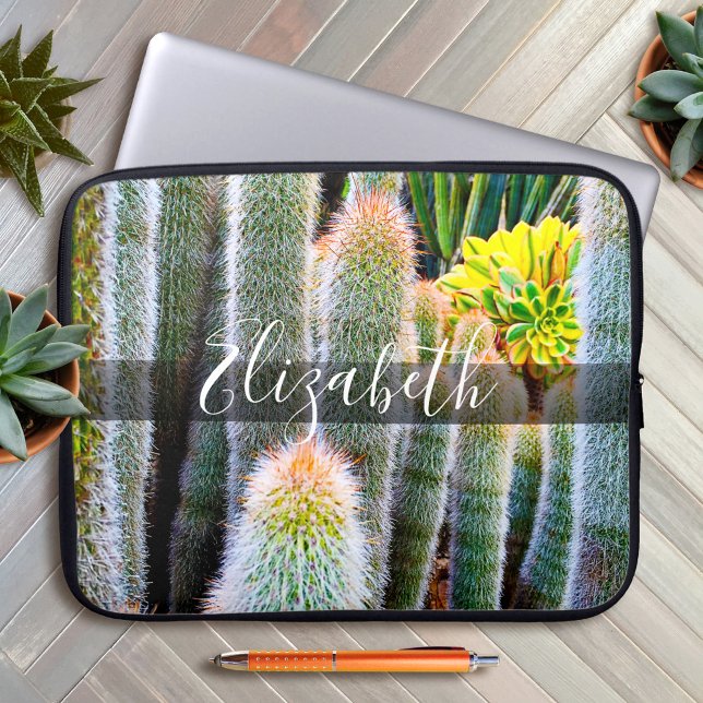 Green fuzzy cacti photo add your name script bold laptop sleeve (Creator Uploaded)
