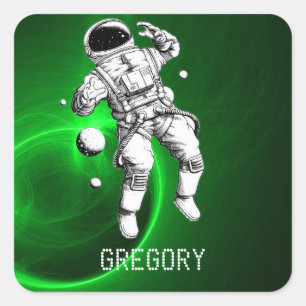 Green Galaxy Astronaut Personalised Square Sticker