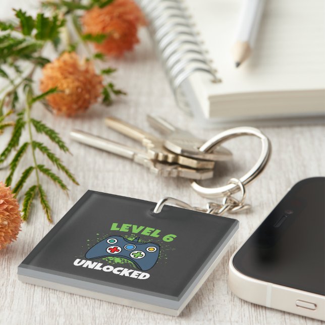 Green Game Controller Level 6 Unlocked Birthday Key Ring (Front Right)
