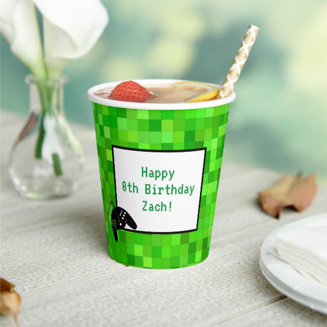 Green Gamer Pixels | Custom Birthday Party Paper Cups (Insitu)