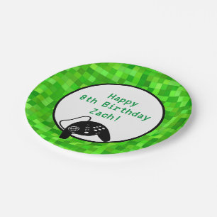 Green Gamer Pixels   Custom Birthday Party Paper Plate