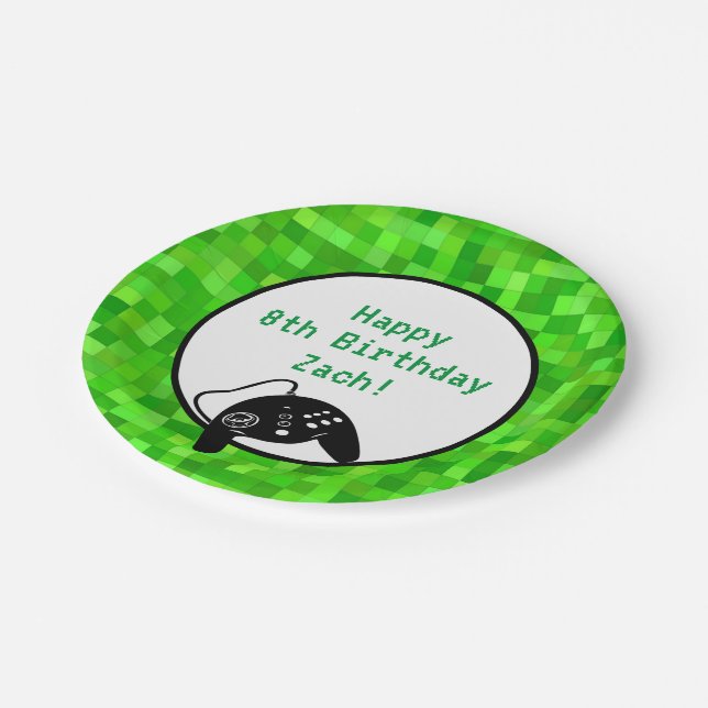 Green Gamer Pixels | Custom Birthday Party Paper Plate (Angled)