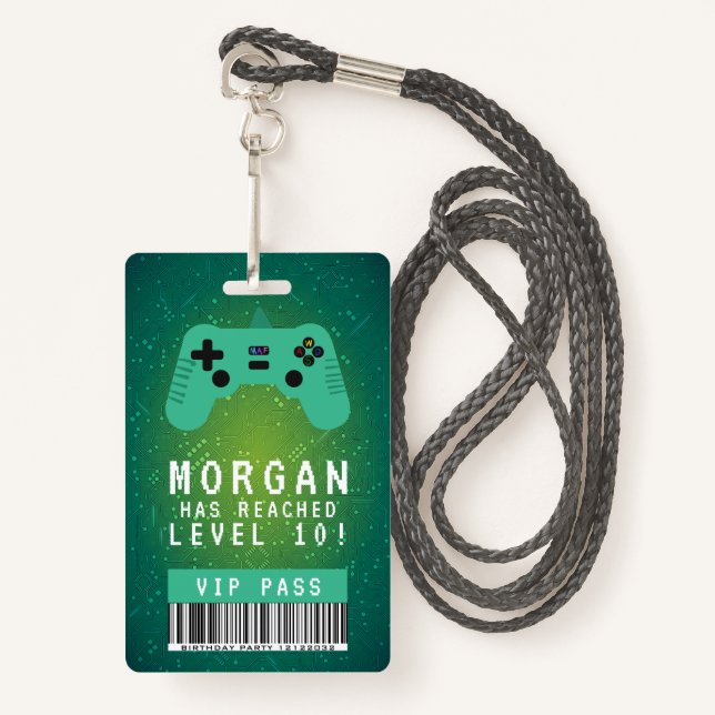 Green Gamer VIP Pass Birthday Invitation ID Badge (Front with Lanyard)