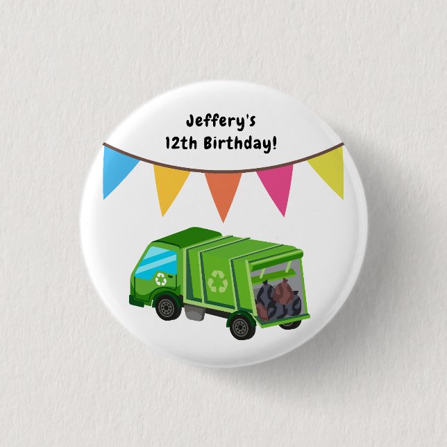 Green Garbage Truck - Kid's Birthday 3 Cm Round Badge (Front)
