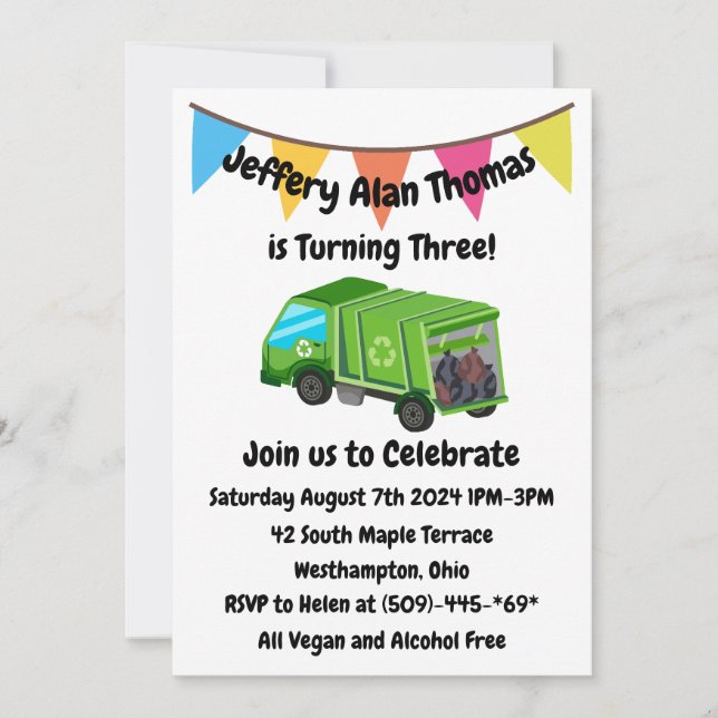 Green Garbage Truck Kid's Party Invitation (Front)