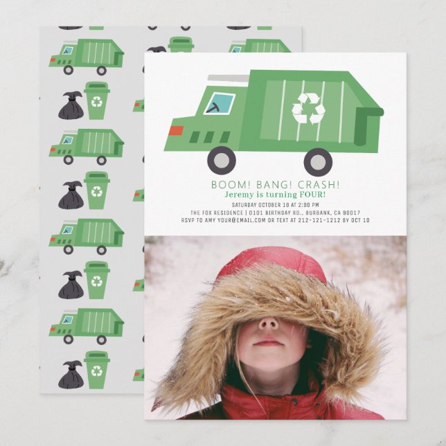 Green Garbage Truck Recycle Boy Photo Birthday Invitation (Front/Back)