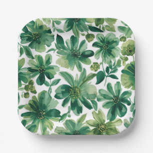 Green Garden Floral Botanical Watercolor Painting Paper Plate