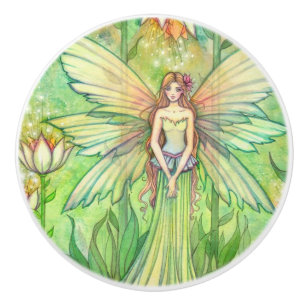 Green Garden Flower Fairy Illustration Ceramic Knob