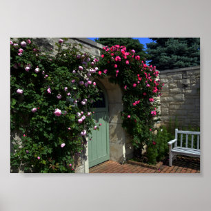 Green Garden Gate with Bench, 7 by 5 inches Poster