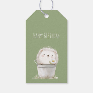 Green Garden Hedgehog with Daisy Flower Birthday Gift Tags