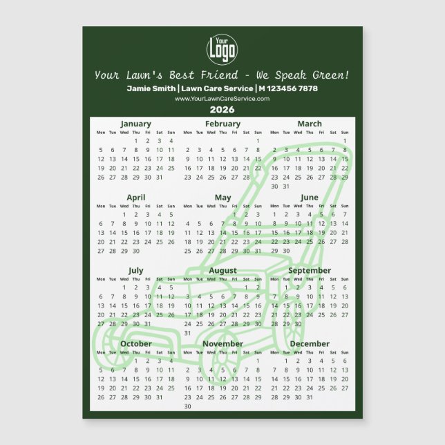 Green Garden Maintenance Magnetic 2026 Calendar (Front)