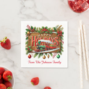 Green Garland Happy Holidays Napkin