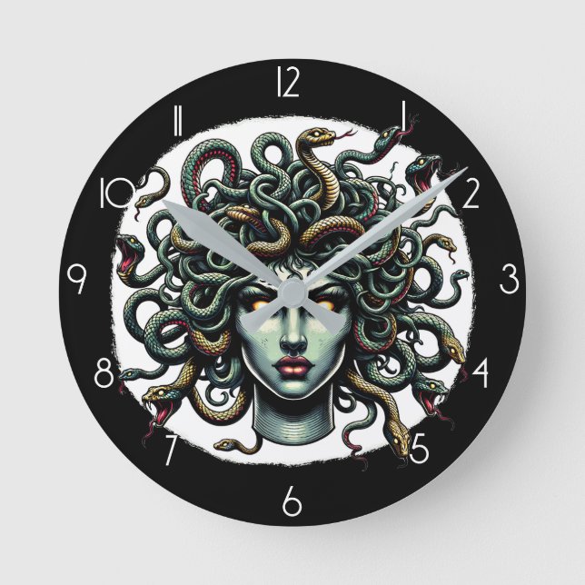 Green Gazing Medusa Head full of Snakes Round Clock (Front)