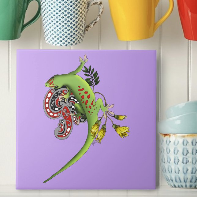 Green Gecko Tribal Lavender Red Ceramic Tile (Creator Uploaded)