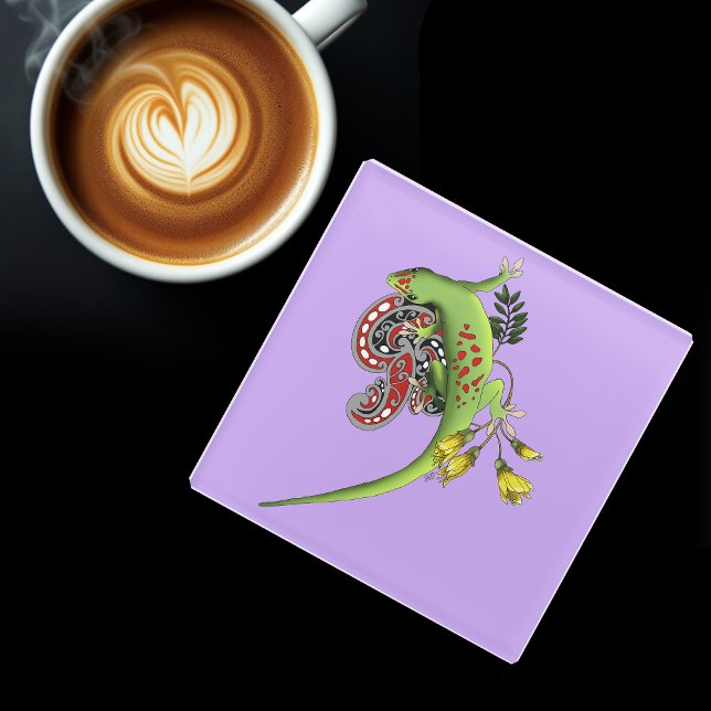 Green Gecko Tribal Lavender Red Glass Coaster (Creator Uploaded)
