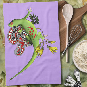 Green Gecko Tribal Lavender Red Tea Towel