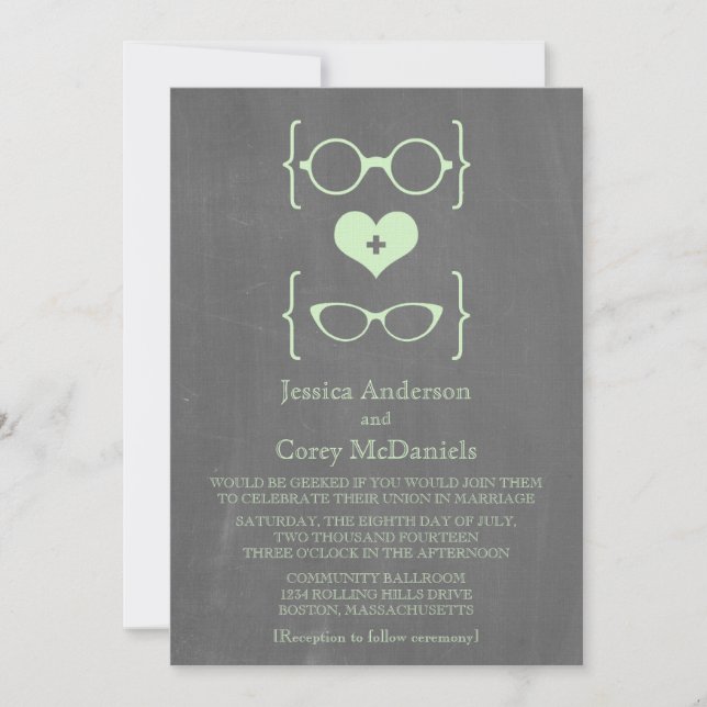 Green Geeky Glasses Chalkboard Wedding Invite (Front)