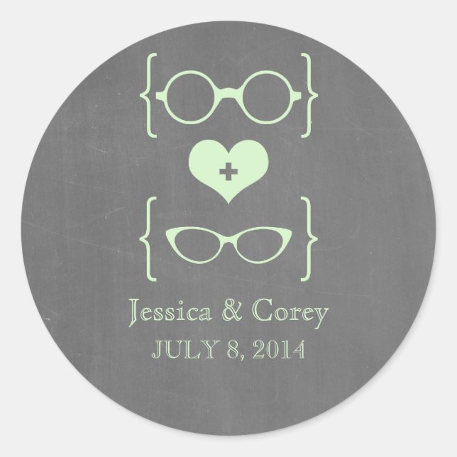 Green Geeky Glasses Chalkboard Wedding Stickers (Front)