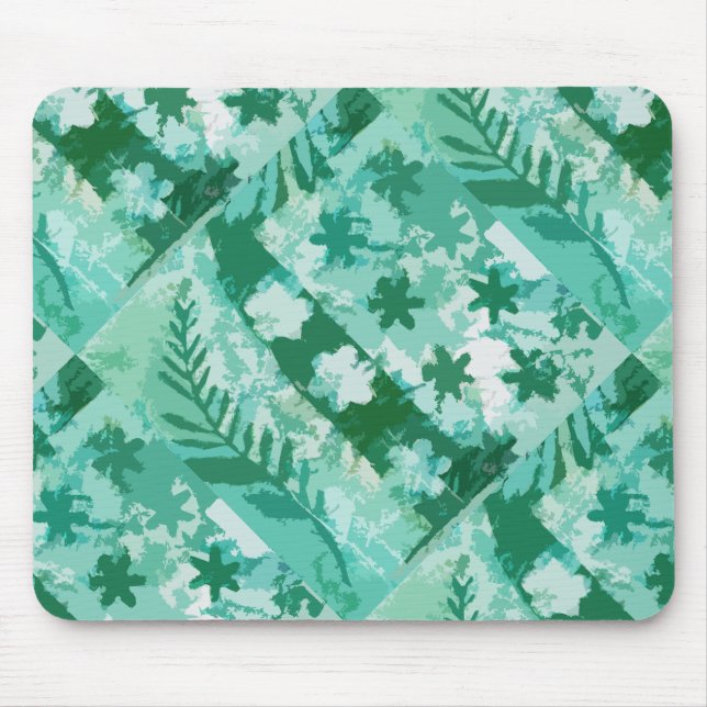 Green gel plate print flowers leaves mouse pad (Front)