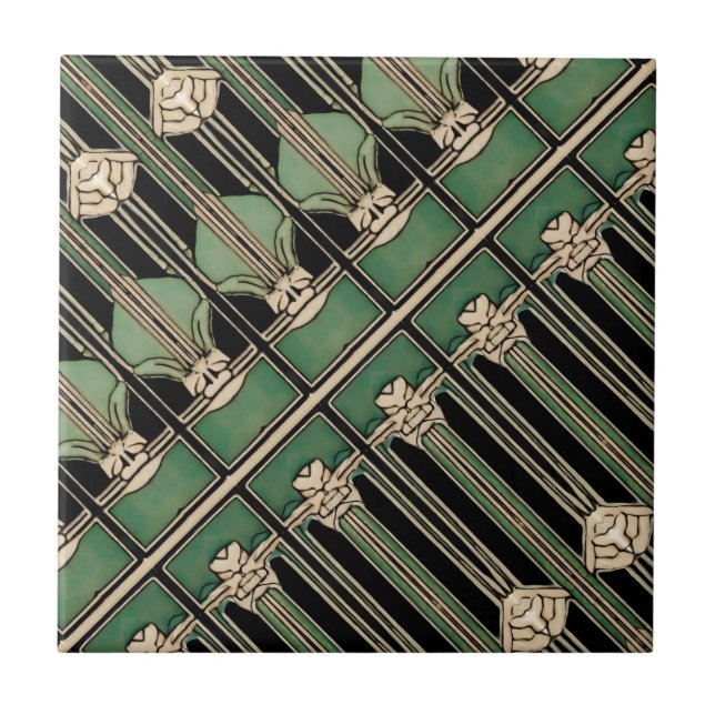 Green Geometric Art Deco Art Nouveau Ceramic Tile (Front)
