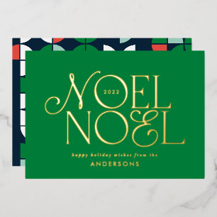 green geometric Noel script elegant modern Foil Holiday Card