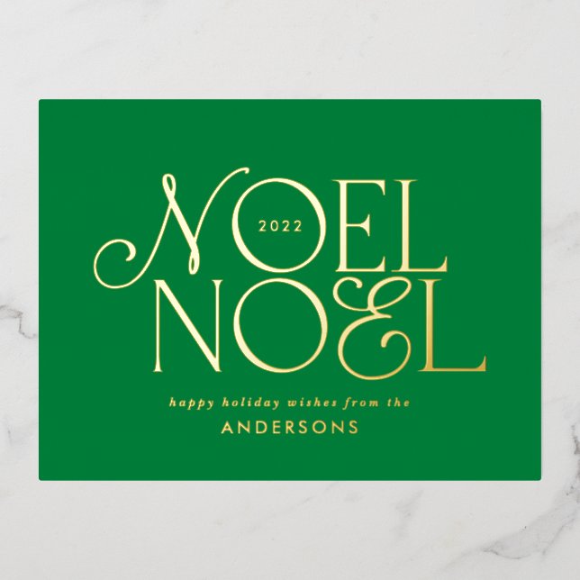 green geometric Noel script elegant modern  Foil Holiday Postcard (Front)