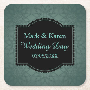 Green Geometric Pattern Custom Text Wedding Square Paper Coaster