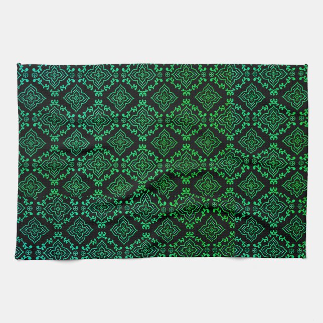 Green Geometric Pattern / Indian Print  Tea Towel (Horizontal)