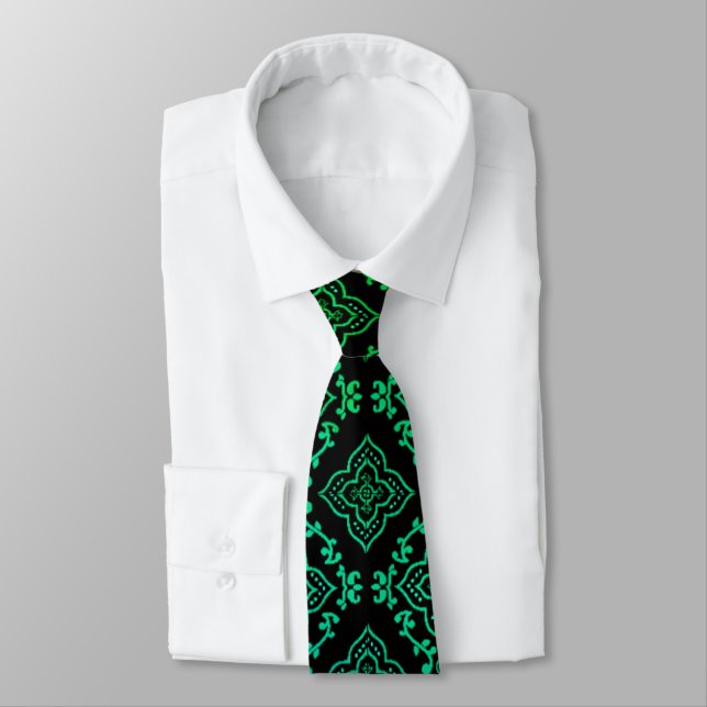Green Geometric Pattern / Indian Print  Tie (Tied)