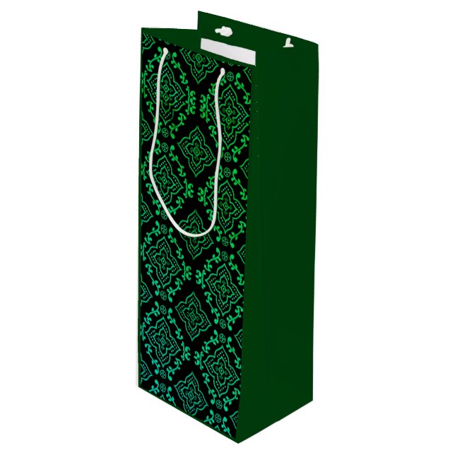 Green Geometric Pattern / Indian Print  Wine Gift Bag (Front Angled)