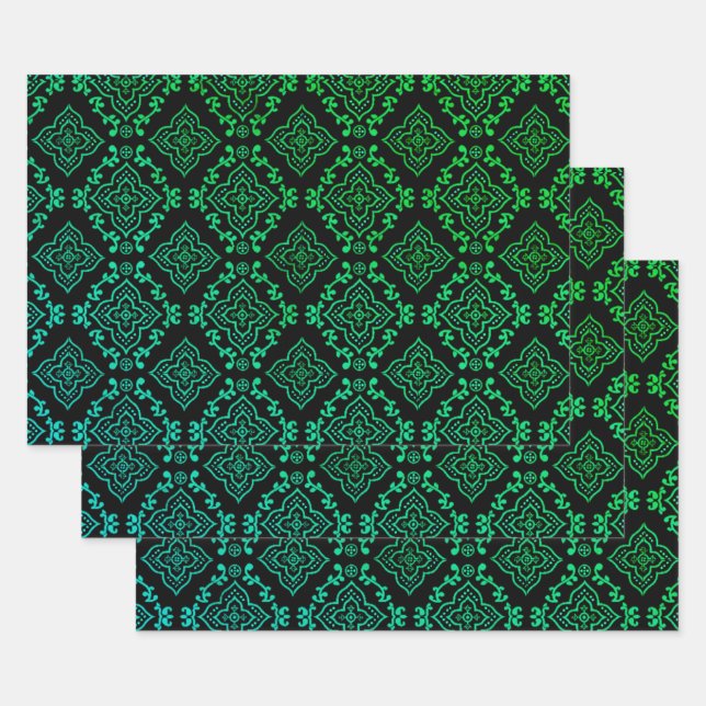 Green Geometric Pattern / Indian Print  Wrapping Paper Sheet (Set)