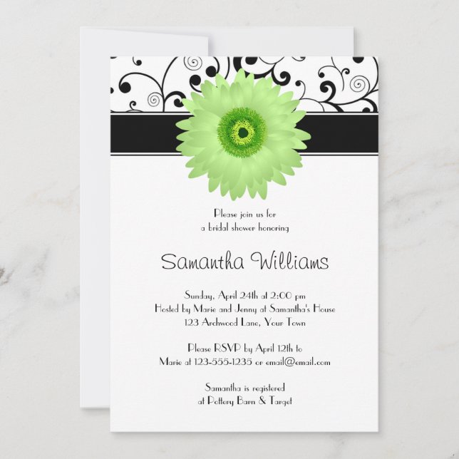Green Gerbera Daisy Black Scroll Bridal Shower Invitation (Front)