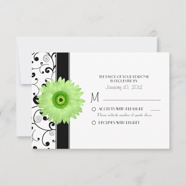 Green Gerbera Daisy with Black Scroll Design RSVP Card (Front)