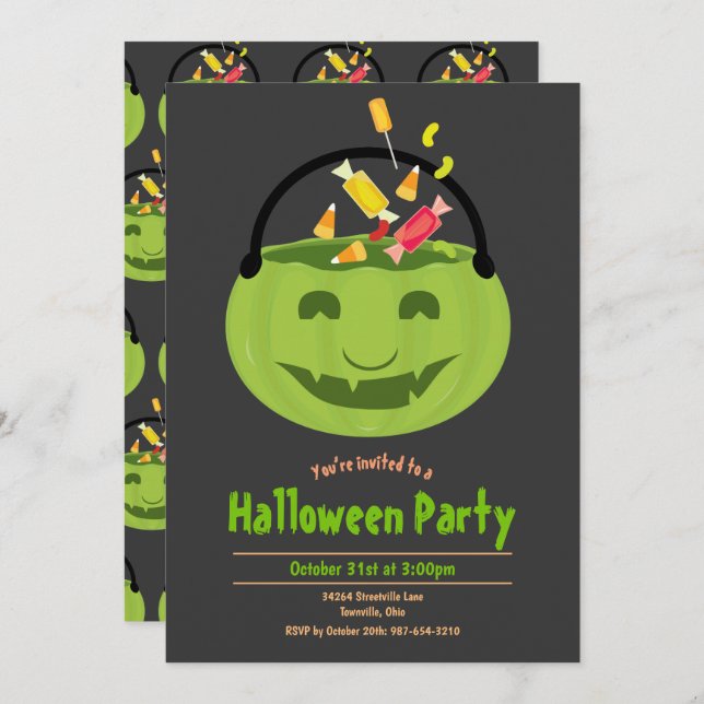 Green Ghoul Pail Candy Kid’s Halloween Party Invitation (Front/Back)