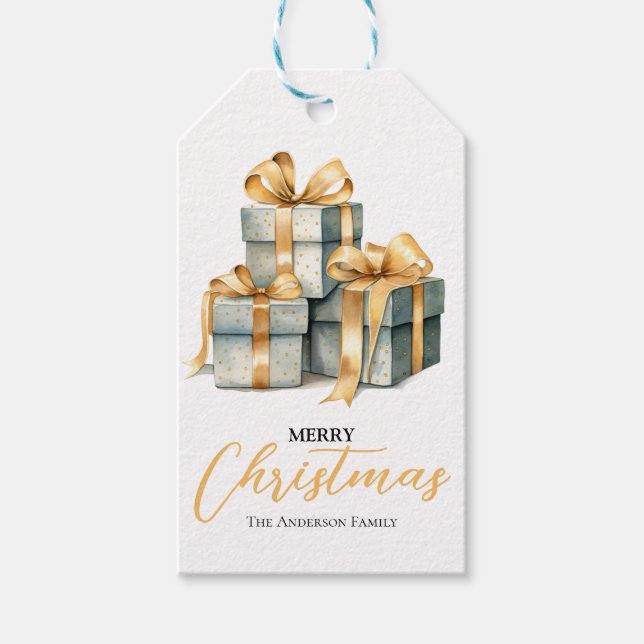 Green gift boxes with gold ribbon gift tag (Front)