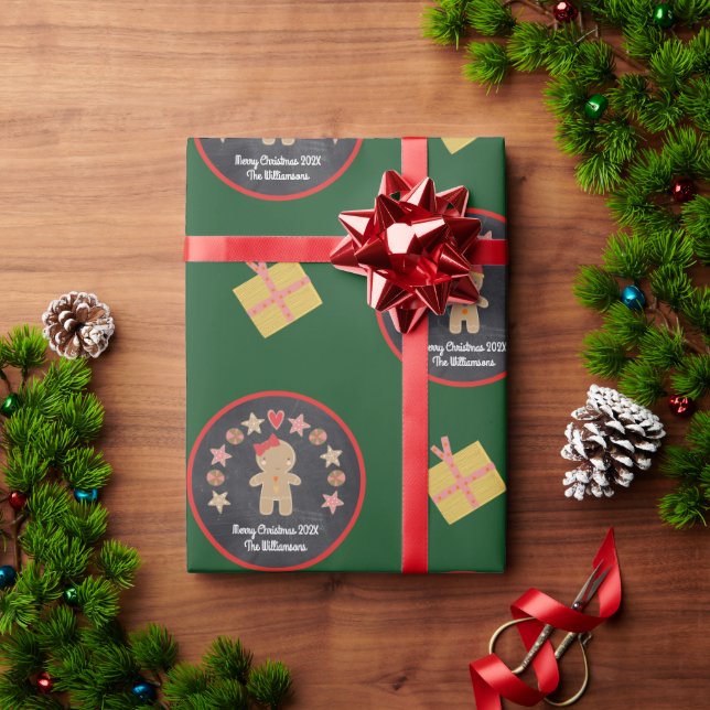 Green Gingerbread Cookie Chalkboard Script Name Wrapping Paper (Holiday Gift)