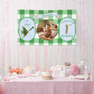 Green Gingham 1st Birthday Photo Fish Party Banner