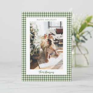 Green Gingham 2 Photo Holiday Frame Script Elegant Card