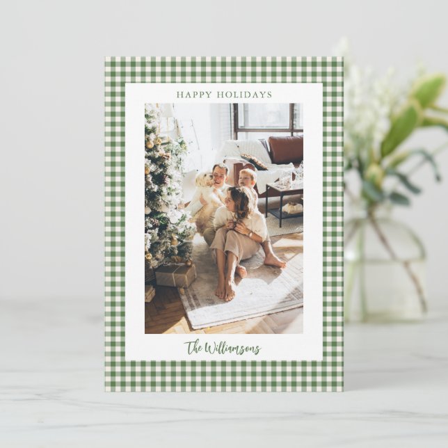 Green Gingham 2 Photo Holiday Frame Script Elegant Card (Standing Front)