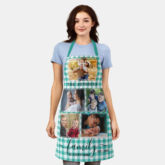 Green Gingham 5 Photo Collage Family Quote Name Apron (Worn)