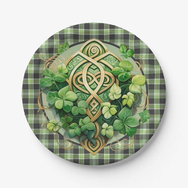 Green Gingham And Celtic Triskele  Paper Plate (Front)