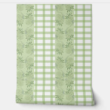 Green Gingham and Floral Motif Wallpaper