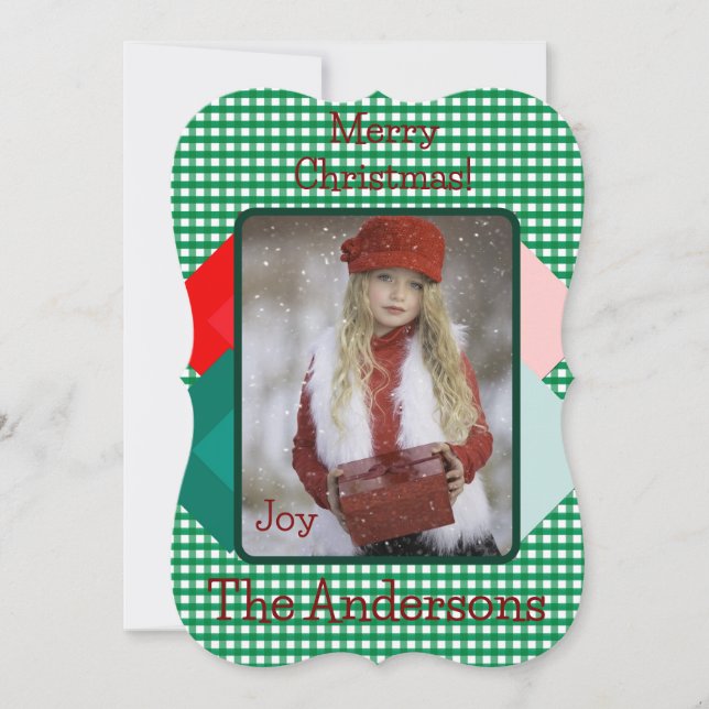 Green Gingham and Red Triangles Add Photo Holiday Card (Front)