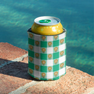 Green Gingham and Yellow Sunflowers Can Cooler