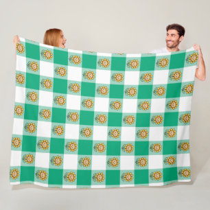 Green Gingham and Yellow Sunflowers Fleece Blanket