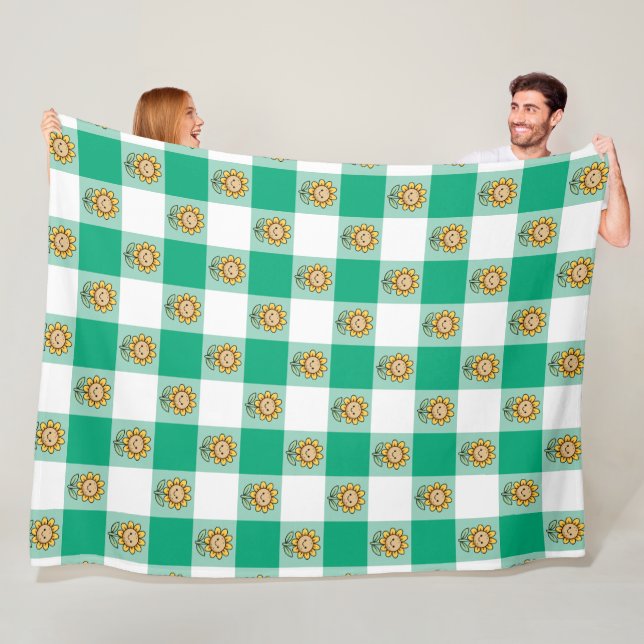 Green Gingham and Yellow Sunflowers Fleece Blanket (In Situ)