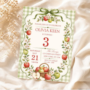Green Gingham Apple Orchard Fall Birthday Invitation
