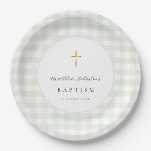 Green Gingham Baby Baptism Paper  Plate