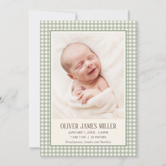 Green Gingham Baby Birth Announcement Photo Card (Front)
